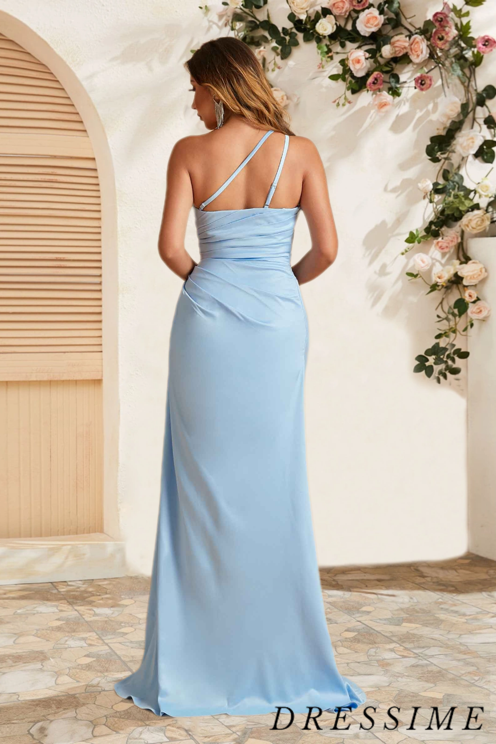 Dressime Chic Mermaid One Shoulder Satin Floor Length Bridesmaid Dress With Slit dressime