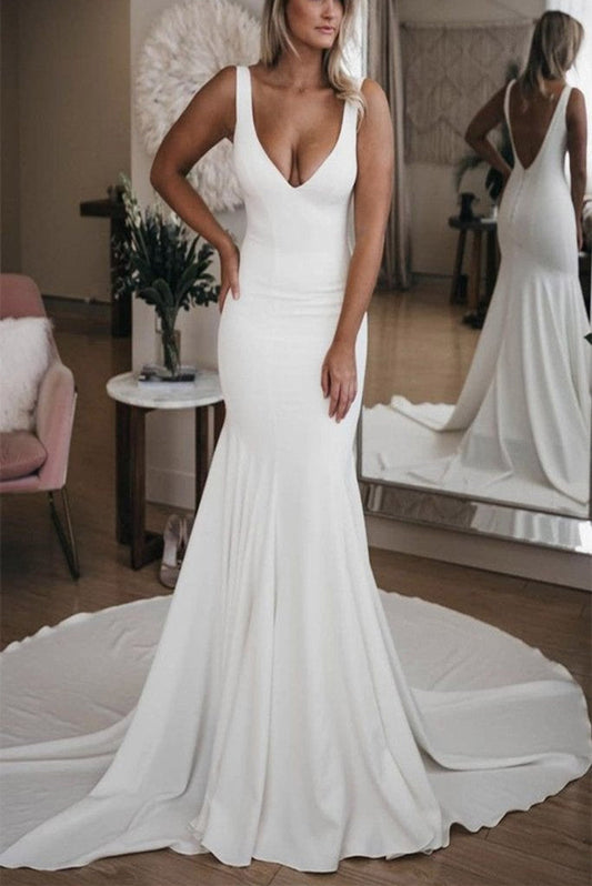 dressimeChic V Neck Mermaid Wedding Dresses Ivory Satin Long Cheap Beach Wedding Gowns 