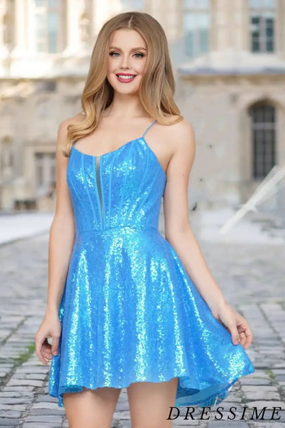 Dressime Cute A Line Spaghetti Straps Sequin Short/Mini Homecoming Dress dressime