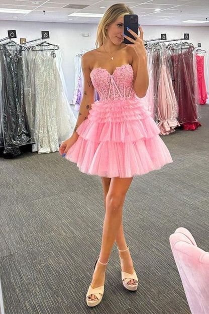 dressimeCute A Line Tiered Sweetheart Tulle Short Homecoming Dresses with Ruffles 