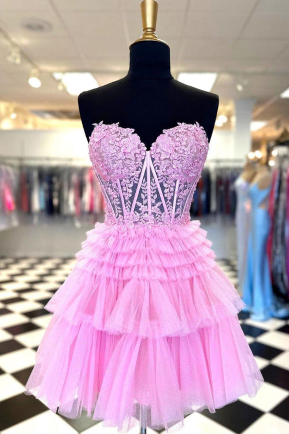 dressimeCute A Line Tiered Sweetheart Tulle Short Homecoming Dresses with Ruffles 