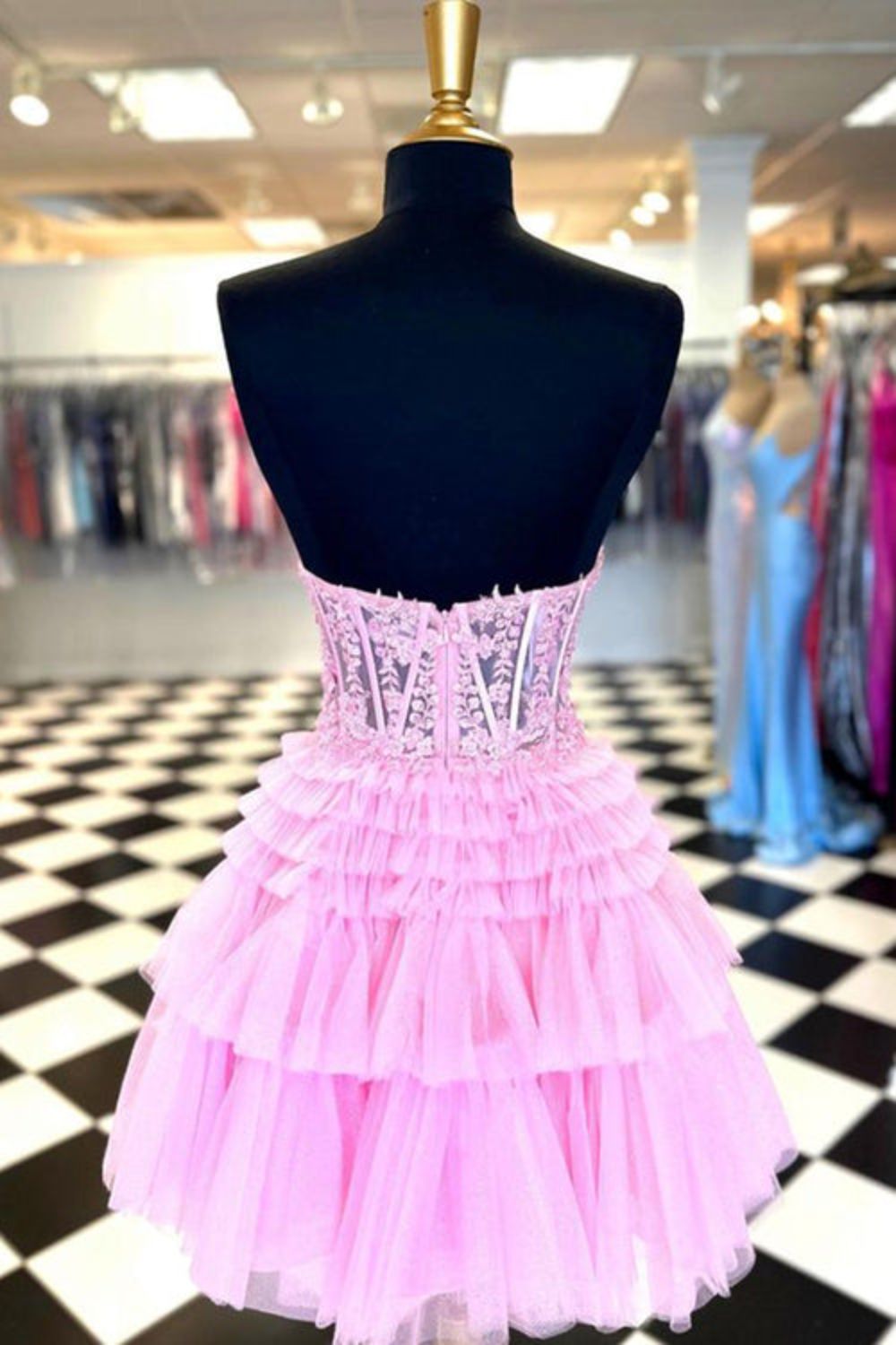 dressimeCute A Line Tiered Sweetheart Tulle Short Homecoming Dresses with Ruffles 