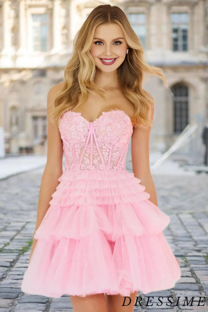 Dressime Cute A Line Tiered Sweetheart Tulle Short Homecoming Dresses with Ruffles dressime