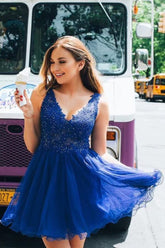 Dressime Cute A Line V Neck Chiffon Beads Royal Blue Short Homecoming Dresses with Appliques dressime