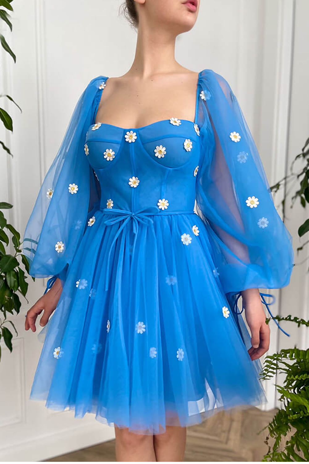 dressimeCute Ball Gown Puffy Sleeve Flowers Embroidery Tulle Short Sweetheart Homecoming Dresses 