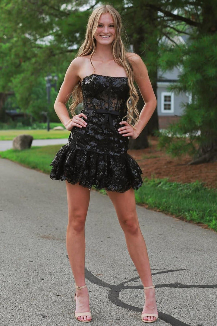 dressimeCute Sequin Tiered Appliques Strapless Homecoming Dress 