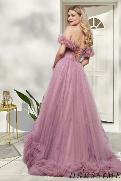 Dressime Delicate A Line Off the Shoulder Tulle Long Prom Dress With Slit dressime