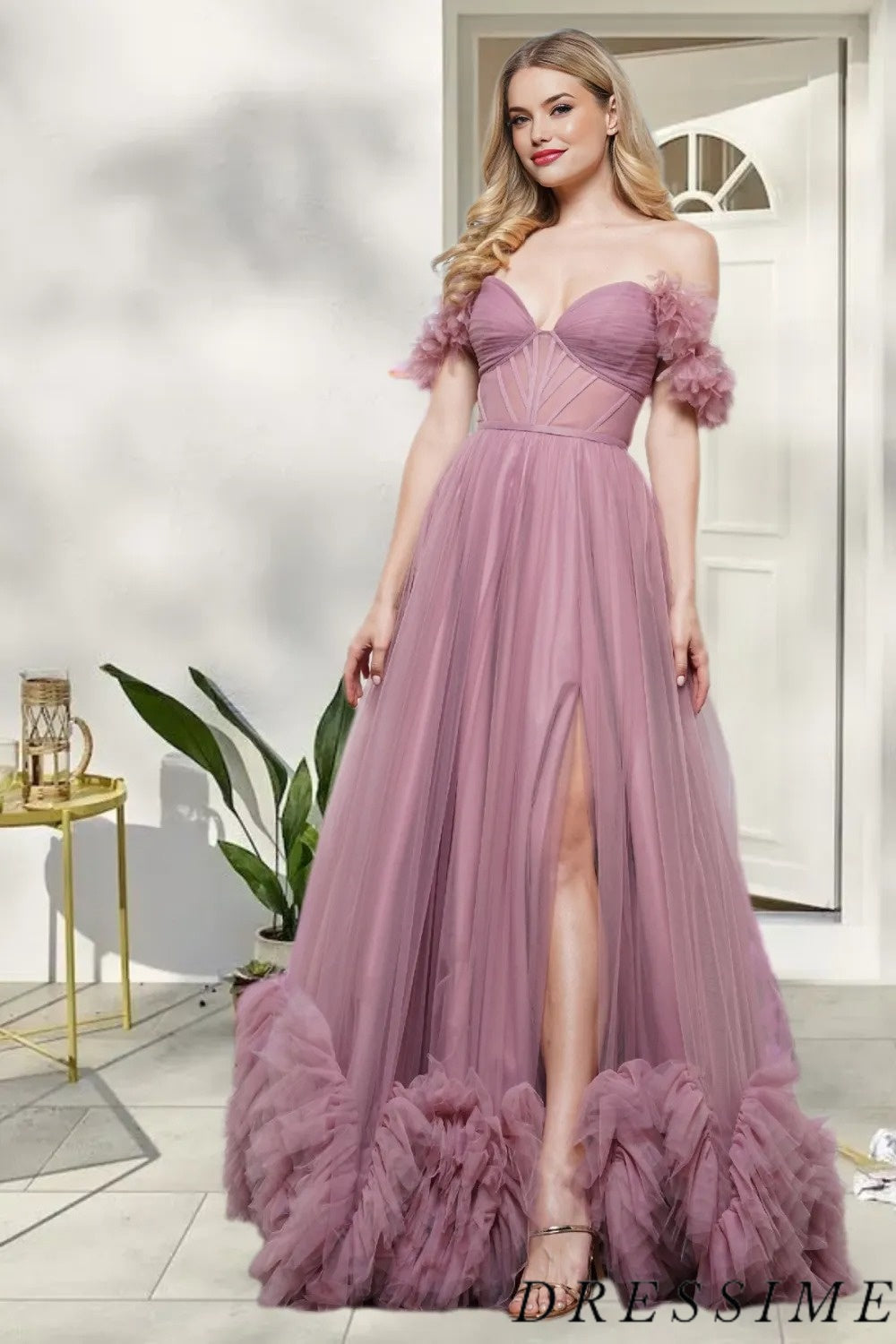 Dressime Delicate A Line Off the Shoulder Tulle Long Prom Dress With Slit dressime