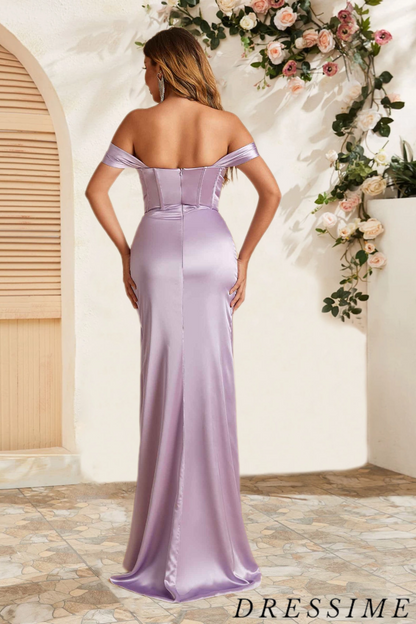 Dressime Delicate Mermaid Off The Shoulder Satin Long Bridesmaid Dress With Slit dressime