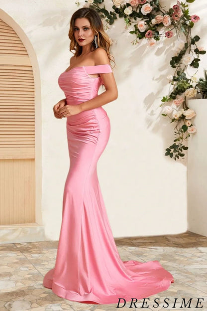 Dressime Delicate Mermaid Off The Shoulder Satin Long Bridesmaid Dress dressime