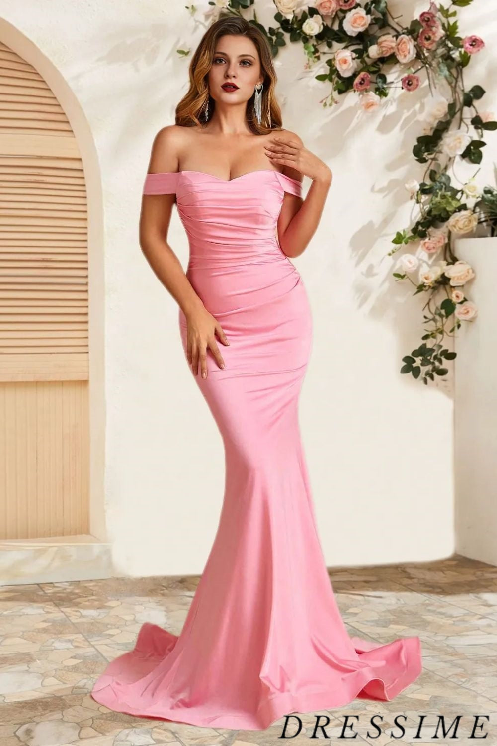 Dressime Delicate Mermaid Off The Shoulder Satin Long Bridesmaid Dress dressime