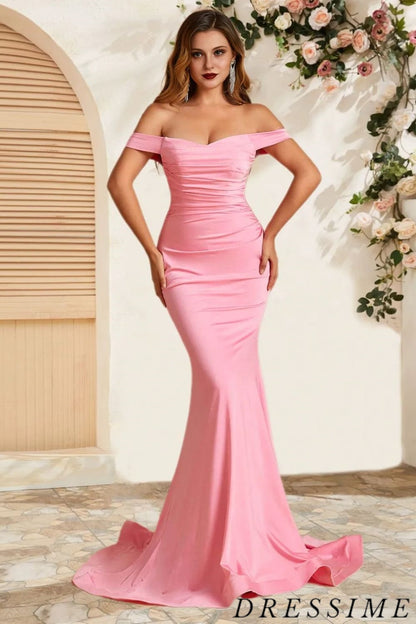 Dressime Delicate Mermaid Off The Shoulder Satin Long Bridesmaid Dress dressime