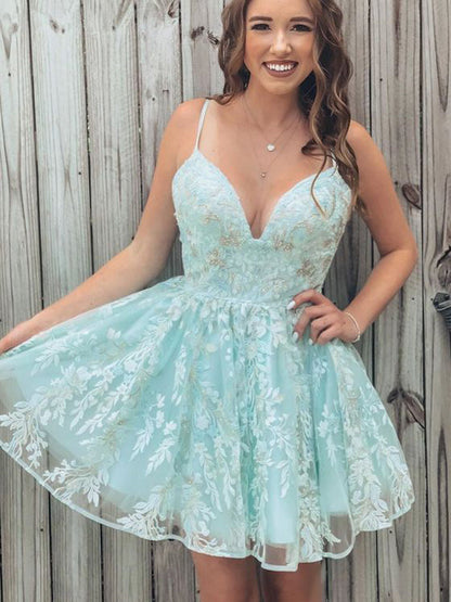 dressimeA Line Spaghetti Straps Blue Homecoming Dresses with Appliques V Neck Short Prom Dress 