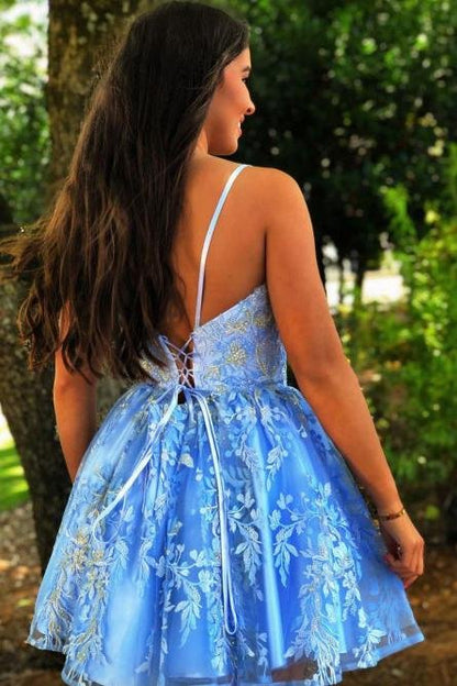 dressimeA Line Spaghetti Straps Blue Homecoming Dresses with Appliques V Neck Short Prom Dress 