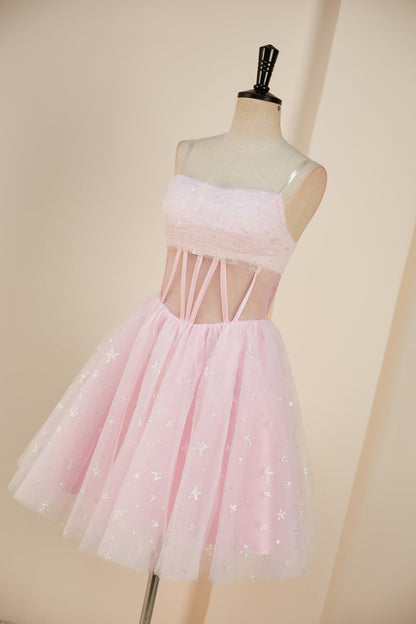 dressimeCute A Line Sweetheart Lace up Strapless Tulle Homecoming Dress with Detachable Sleeves 