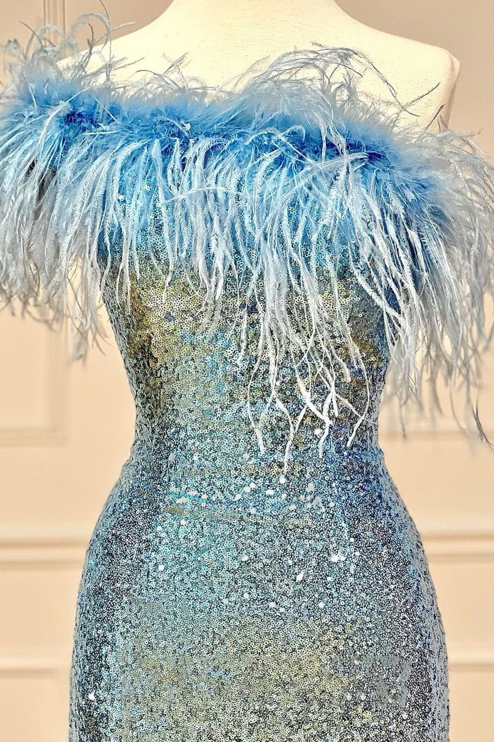 dressimeCute One Shoulder Sequins Feathered Blue Short Homecoming Cocktail Dresses H1292 