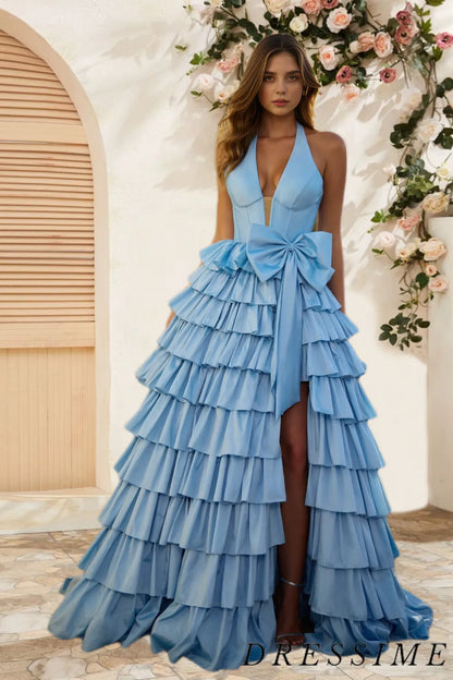 Dressime Elegant A Line Halter Satin Slit Tiered Long Prom Dress with Bowknot dressime