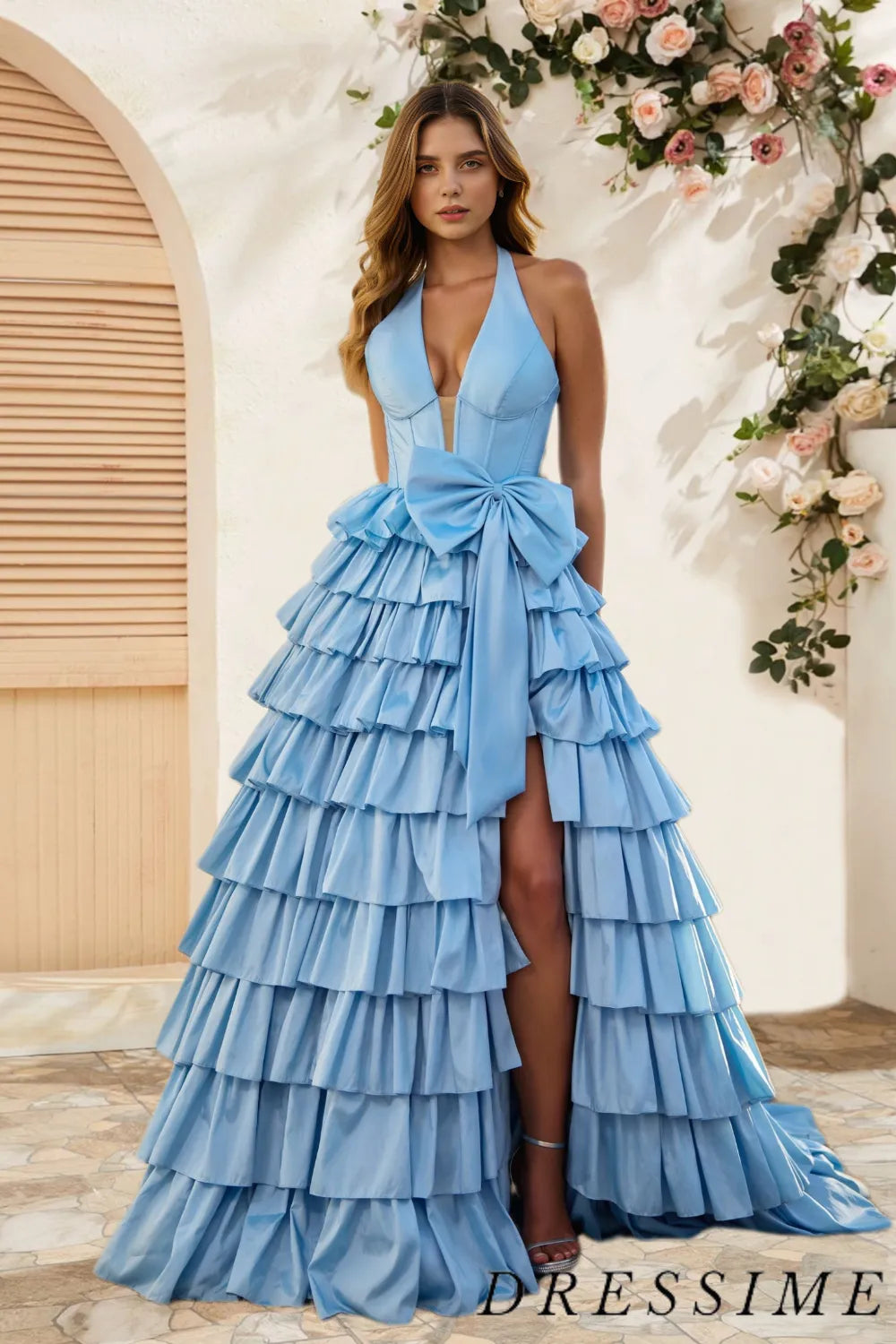 Dressime Elegant A Line Halter Satin Slit Tiered Long Prom Dress with Bowknot dressime