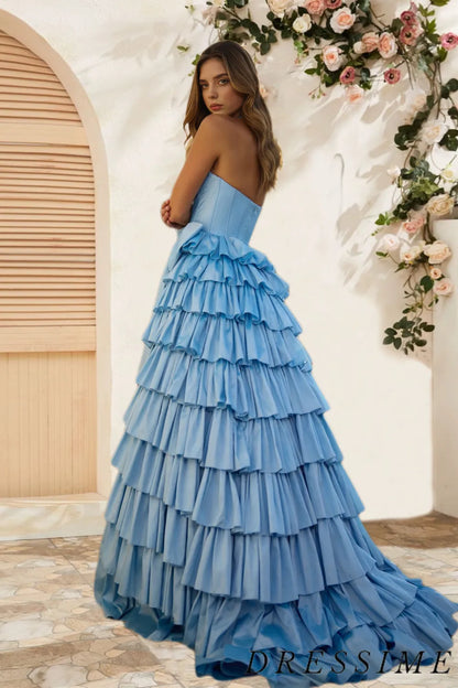 Dressime Elegant A Line Halter Satin Slit Tiered Long Prom Dress with Bowknot dressime