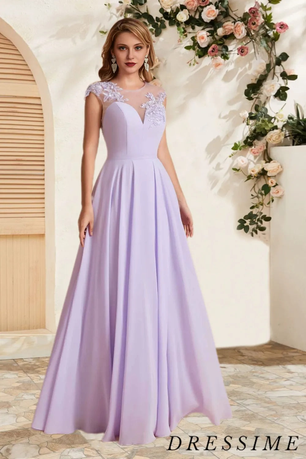 Dressime Elegant A Line Scoop Chiffon Long Bridesmaid Dress With Appliques dressime