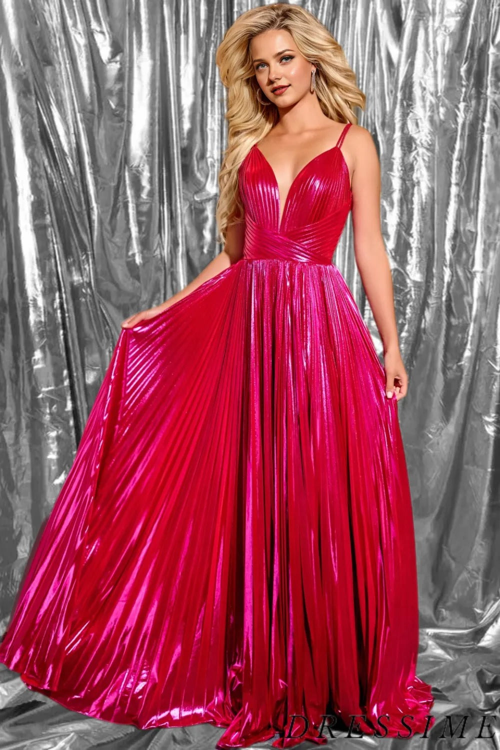 Dressime Elegant A Line Spaghetti Straps Metallic Long Prom Dress With Slit dressime