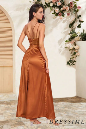 Dressime Elegant A Line Spaghetti Straps Satin Floor Length Long Bridesmaid Dress With Slit dressime