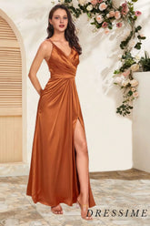 Dressime Elegant A Line Spaghetti Straps Satin Floor Length Long Bridesmaid Dress With Slit dressime