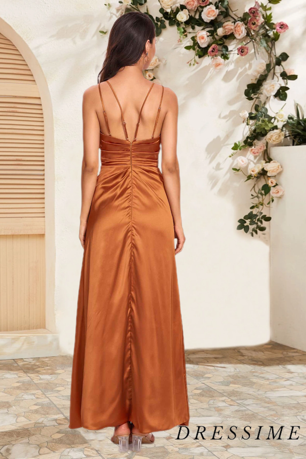 Dressime Elegant A Line Spaghetti Straps Satin Floor Length Long Bridesmaid Dress With Slit dressime