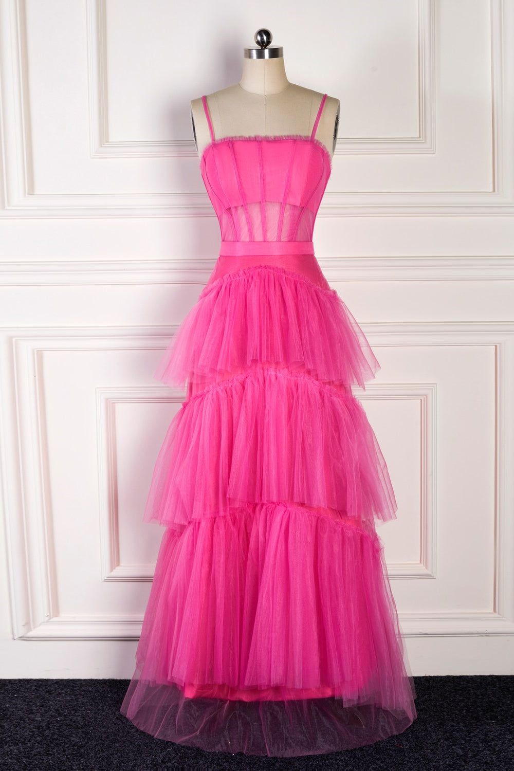 dressimeElegant A Line Spaghetti Straps Tiered Tulle Long Prom Dresses 