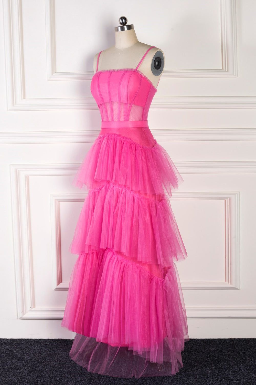 dressimeElegant A Line Spaghetti Straps Tiered Tulle Long Prom Dresses 