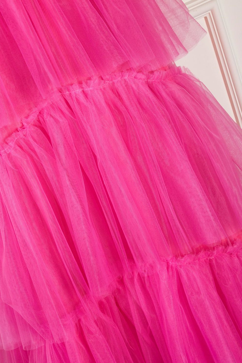 dressimeElegant A Line Spaghetti Straps Tiered Tulle Long Prom Dresses 