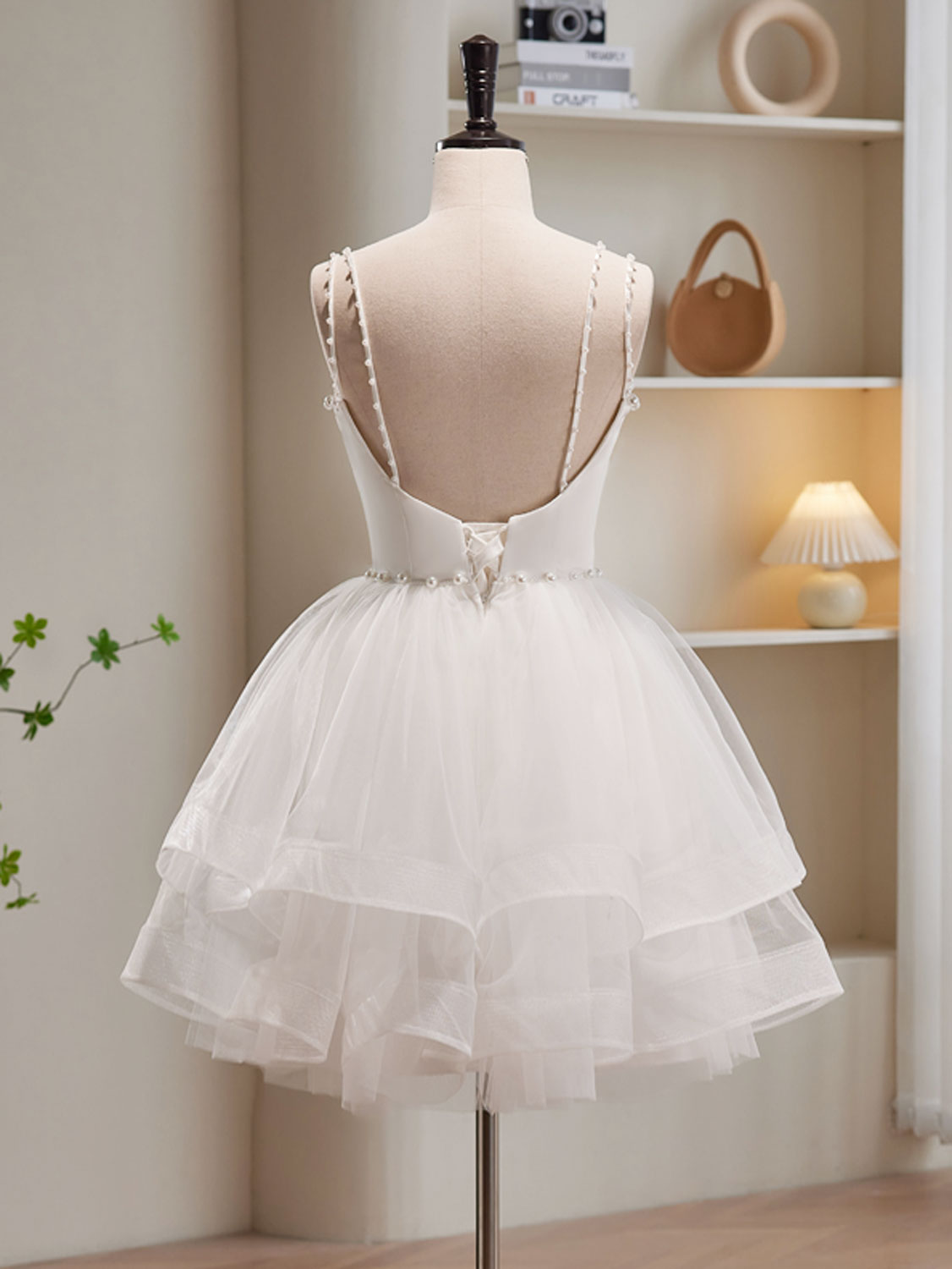 Dressime Elegant A Line Spaghetti Straps Tulle Tiered Short Party Dress dressime