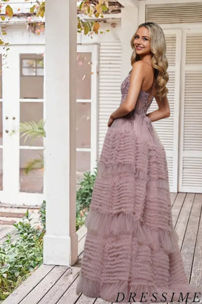 Dressime Elegant A Line Spaghetti Straps Tulle Tiered Slit Long Prom Dress With Sequin Appliques dressime