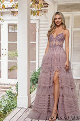 Dressime Elegant A Line Spaghetti Straps Tulle Tiered Slit Long Prom Dress With Sequin Appliques dressime