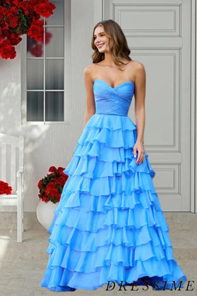 Dressime Elegant A Line Strapless Chiffon Tiered Long Prom Dress dressime