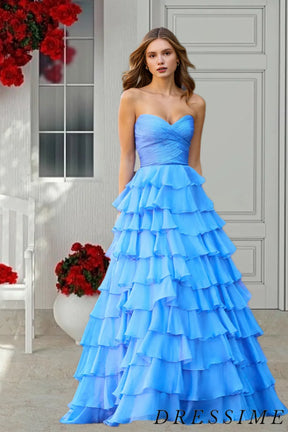 Dressime Elegant A Line Strapless Chiffon Tiered Long Prom Dress dressime