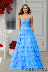 Dressime Elegant A Line Strapless Chiffon Tiered Long Prom Dress dressime