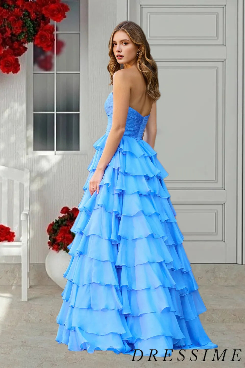 Dressime Elegant A Line Strapless Chiffon Tiered Long Prom Dress dressime