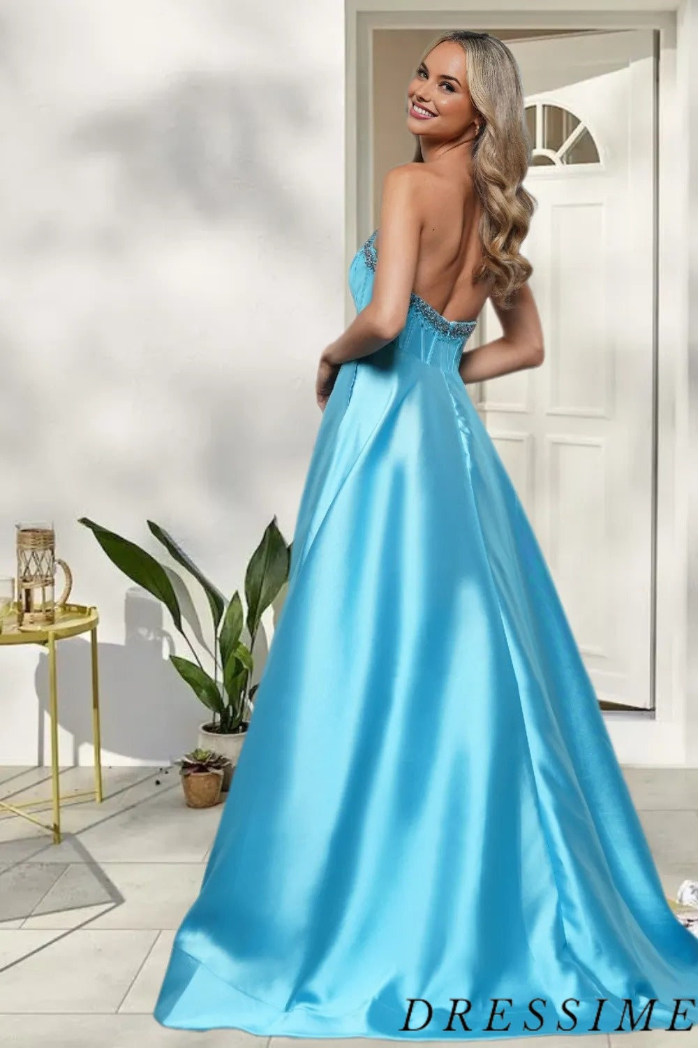 Dressime Elegant A Line Strapless Satin Long Prom Dress With Beaded dressime