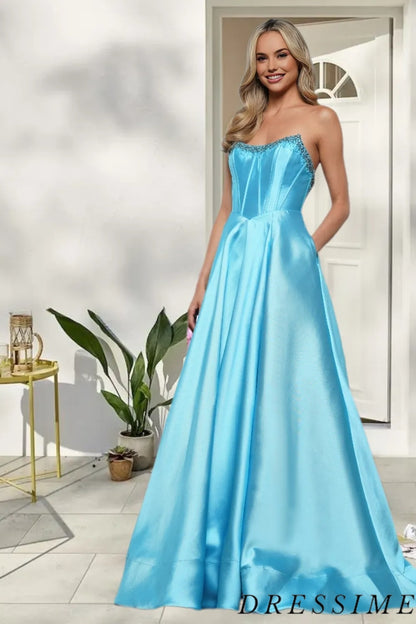 Dressime Elegant A Line Strapless Satin Long Prom Dress With Beaded dressime