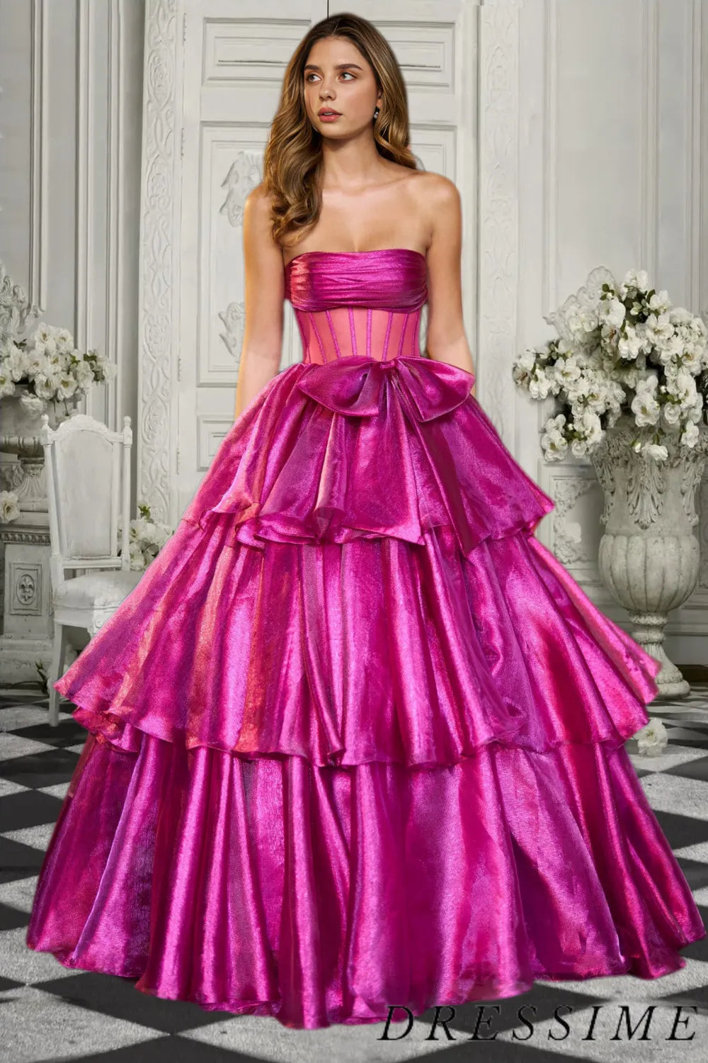 Dressime Elegant A Line Strapless Tiered Long Prom Dress with Bowknot dressime