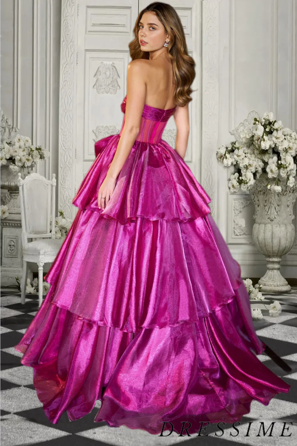 Dressime Elegant A Line Strapless Tiered Long Prom Dress with Bowknot dressime