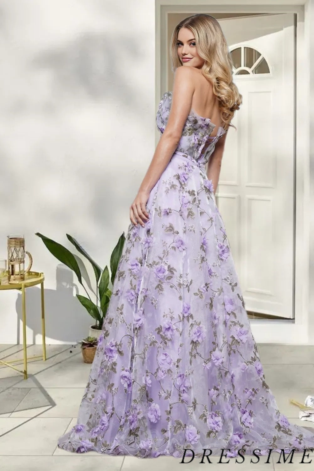 Dressime Elegant A Line Strapless Tulle Long Prom Dress With Flowers dressime