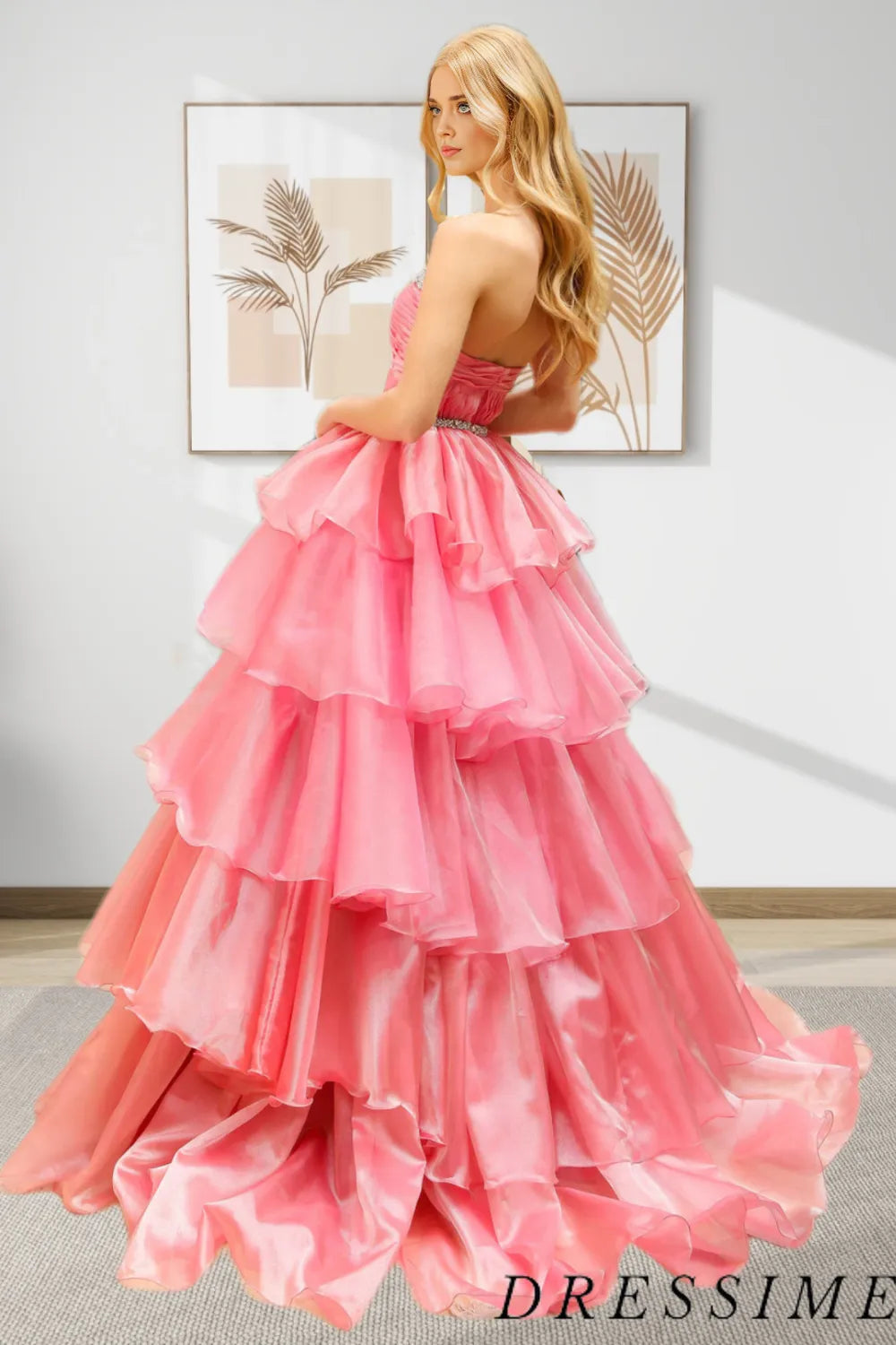 Dressime Elegant A Line Sweetheart Organza Tiered Long Prom Dress With Beaded dressime