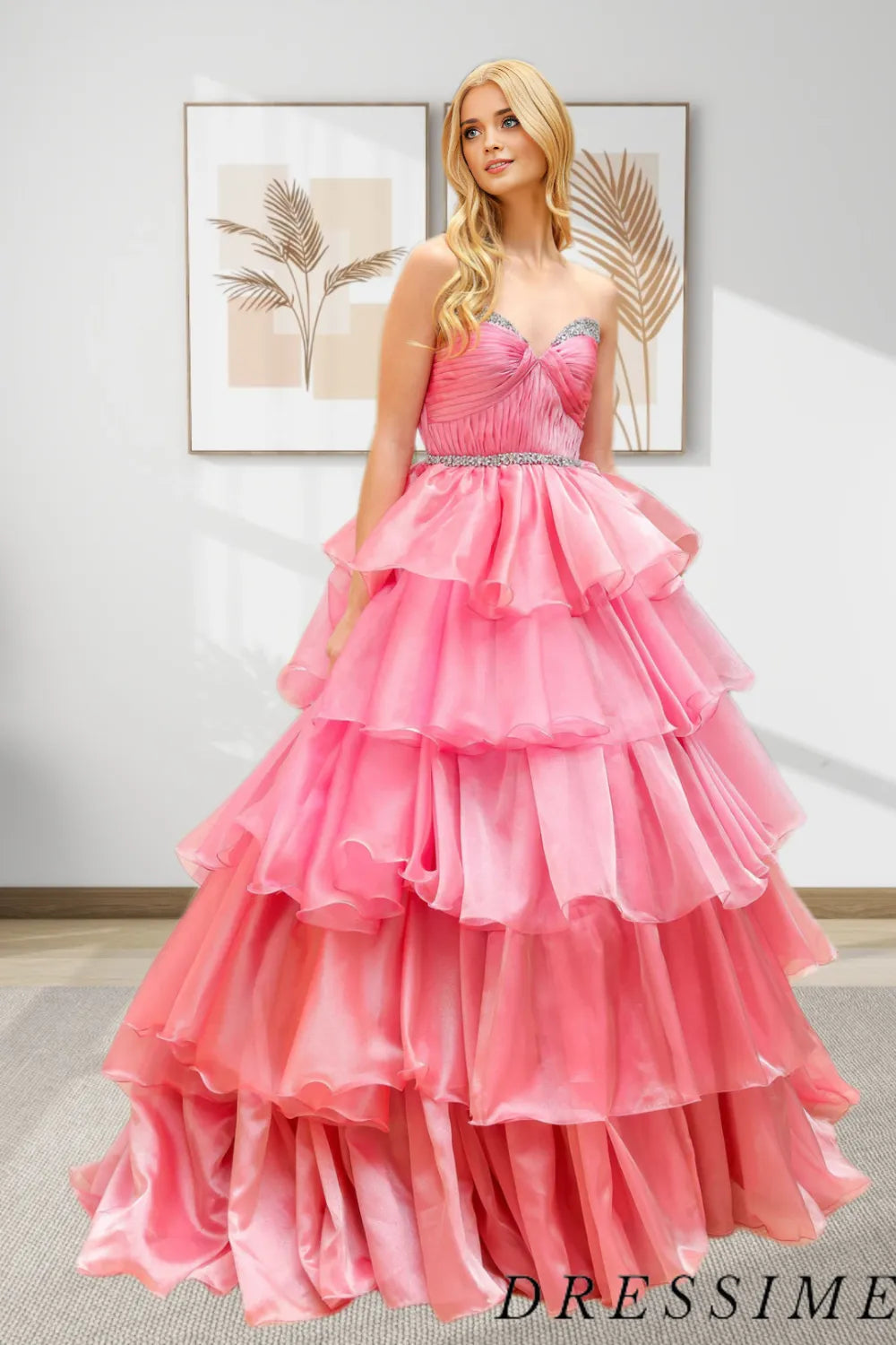 Dressime Elegant A Line Sweetheart Organza Tiered Long Prom Dress With Beaded dressime