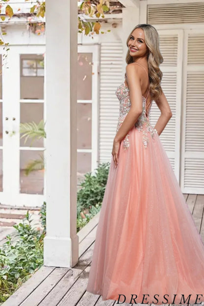 Dressime Elegant A Line Sweetheart Tulle Slit Long Prom Dress With Appliques dressime