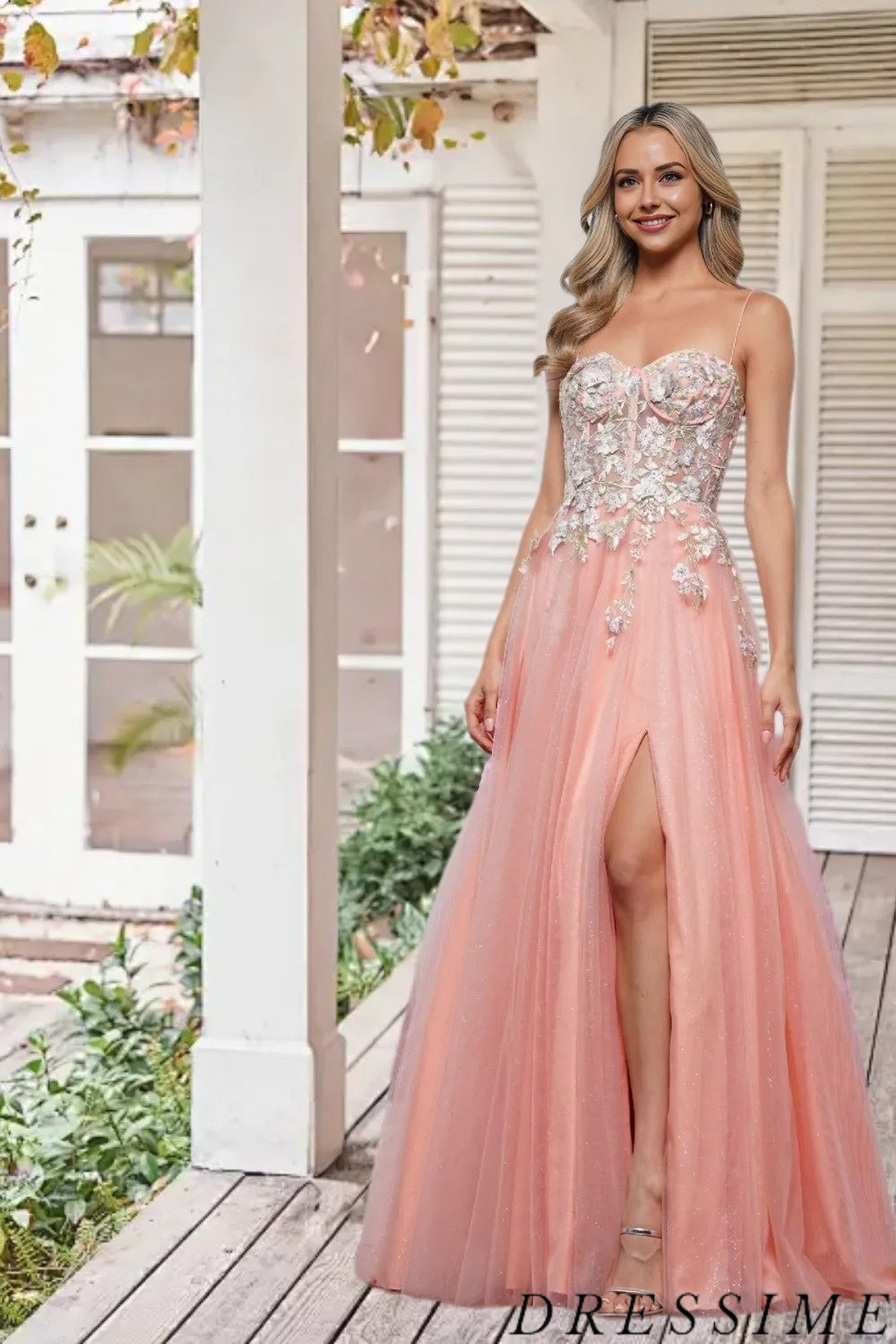 Dressime Elegant A Line Sweetheart Tulle Slit Long Prom Dress With Appliques dressime