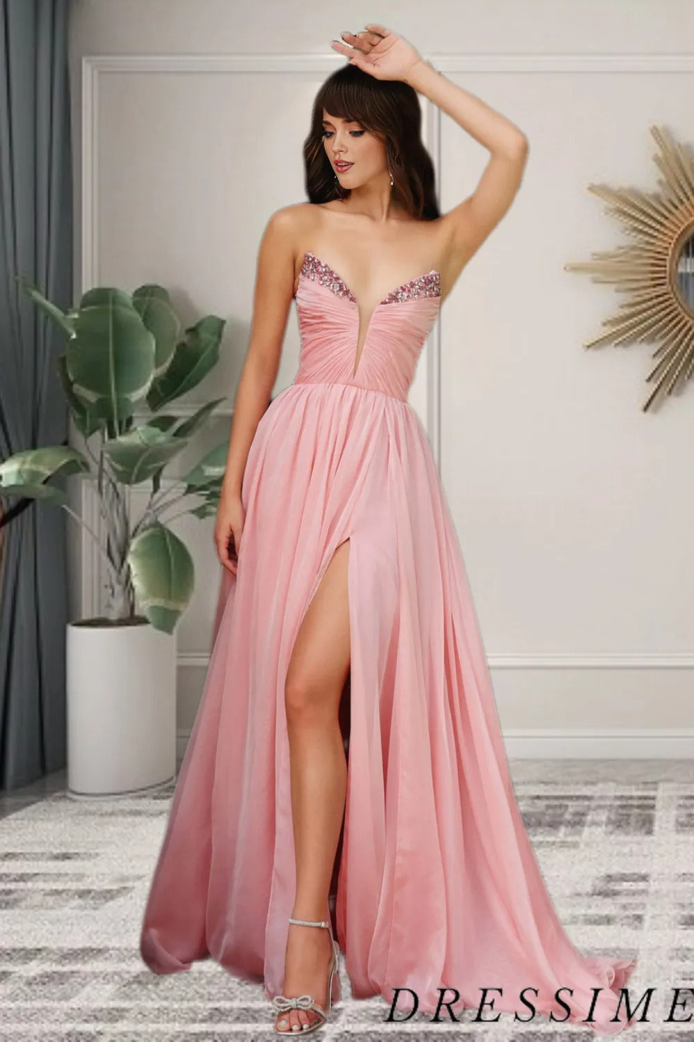 Dressime Elegant A Line V Neck Chiffon Long Prom Dress With Slit dressime