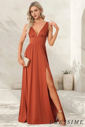 Dressime Elegant A-Line V-Neck Elastic Satin Backless Ruffles Sleeveless Bridesmaid Dress with Split dressime