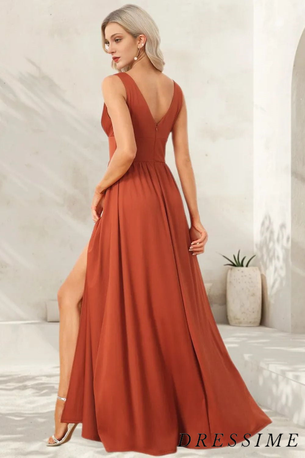 Dressime Elegant A-Line V-Neck Elastic Satin Backless Ruffles Sleeveless Bridesmaid Dress with Split dressime